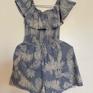 Derek Heart Blue and Cream Leaf-Print Romper with Ruffle Neck